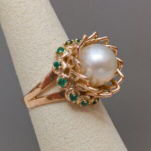 1950s French 18k Pearl & Emerald Blossom Ring – Eagle-Head Hallmarked
